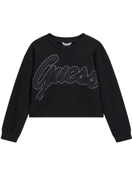 Felpa cropped da ragazza con maxi logo handwriting ricamato con strass J6YQ02K4420