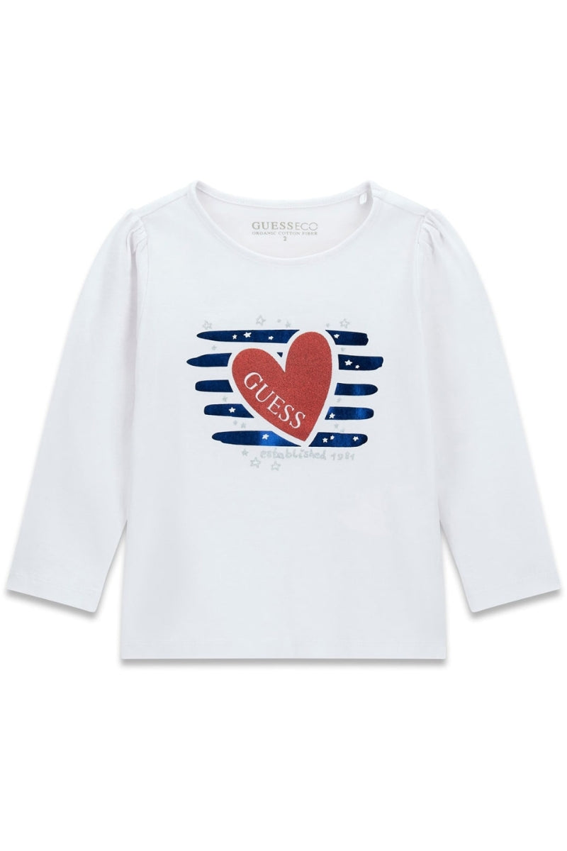 Maglia girocollo da bambina con stampa frontale cuore, strisce e logo lettering (6 e 7 anni) K6RI14K6YW4