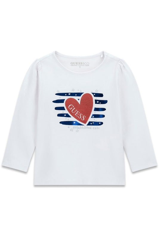 Maglia girocollo da bambina con stampa frontale cuore, strisce e logo lettering (6 e 7 anni) K6RI14K6YW4