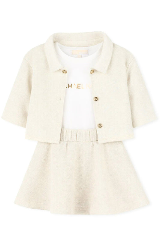 Completo da neonata tre pezzi (giacca + gonna + t-shirt) in cotone lurex R30546/215