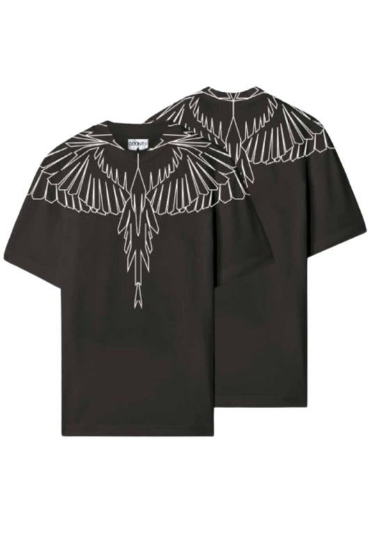 T-shirt girocollo da ragazzo e ragazza in jersey di cotone con stampa iconica perfilo ali a contrasto 25ICM30066