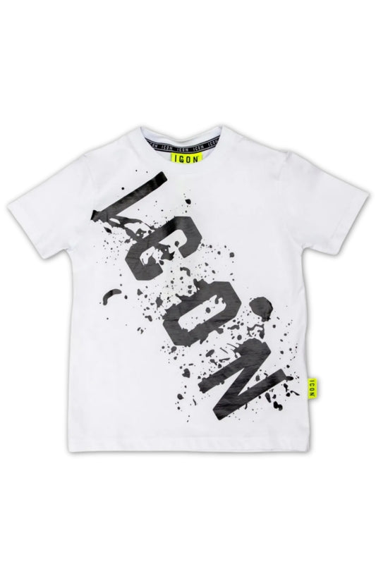 T-shirt da ragazzo girocollo con stampa con maxi logo lettering trasversale e schizzi IBKS00519