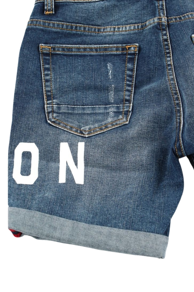 Bermuda da ragazzo con baffature, strappi frontali e logo lettering laterale IBDS00455