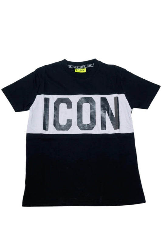 T-shirt da ragazzo girocollo con fascia centrale a contrasto e maxi logo lettering IBKS00482