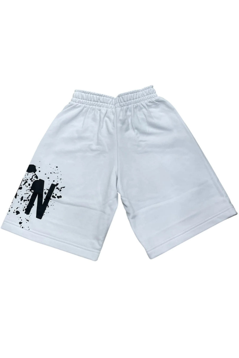 Bermuda da ragazzo con cinta elastica e stampa con logo lettering e schizzi IBSH00523