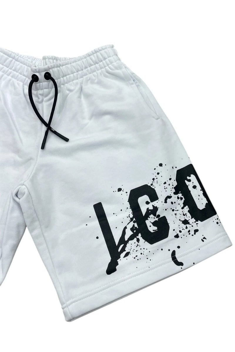 Bermuda da ragazzo con cinta elastica e stampa con logo lettering e schizzi IBSH00523