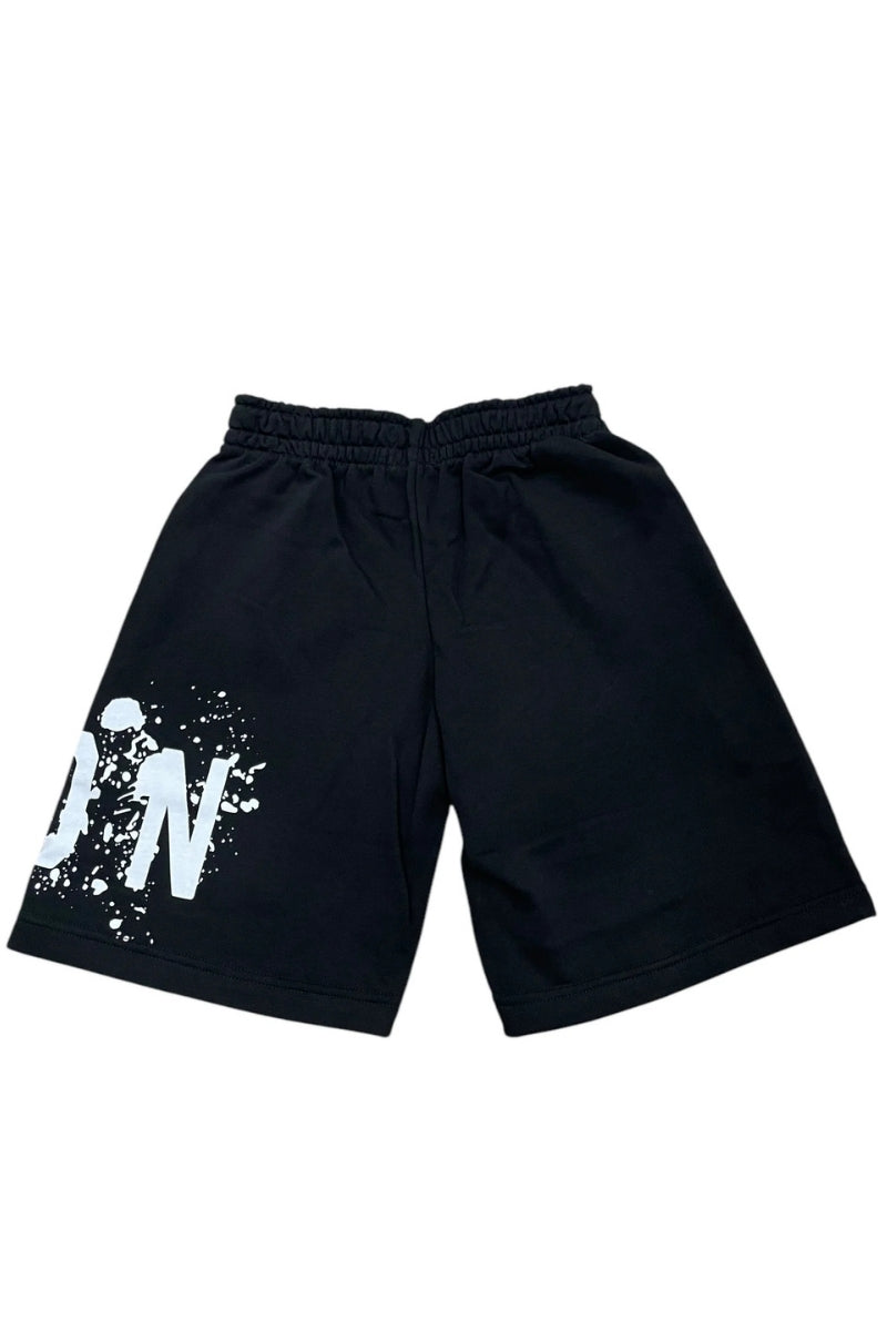 Bermuda da ragazzo con cinta elastica e stampa con logo lettering e schizzi IBSH00523