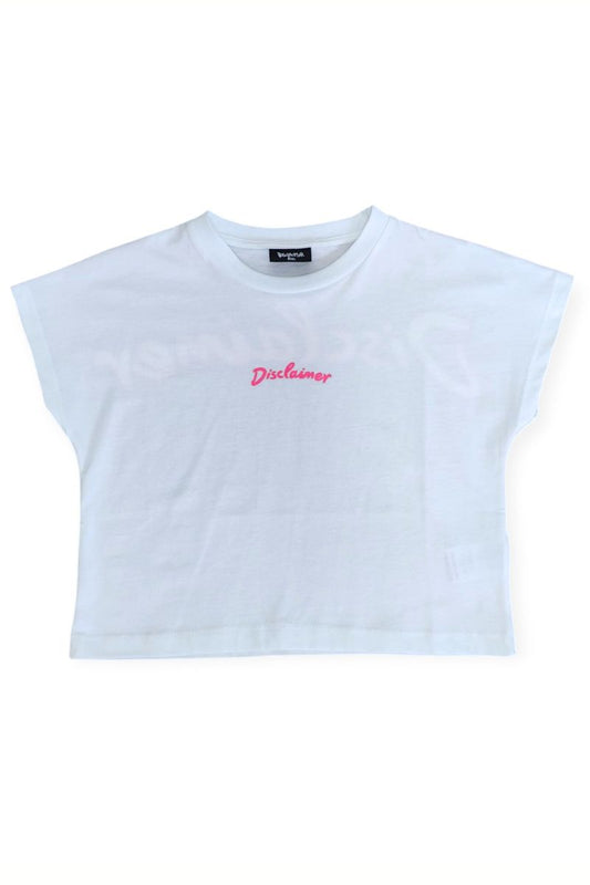 T-shirt cropped da ragazza in cotone con mini logo davanti e maxi logo sul retro 25EDK58512