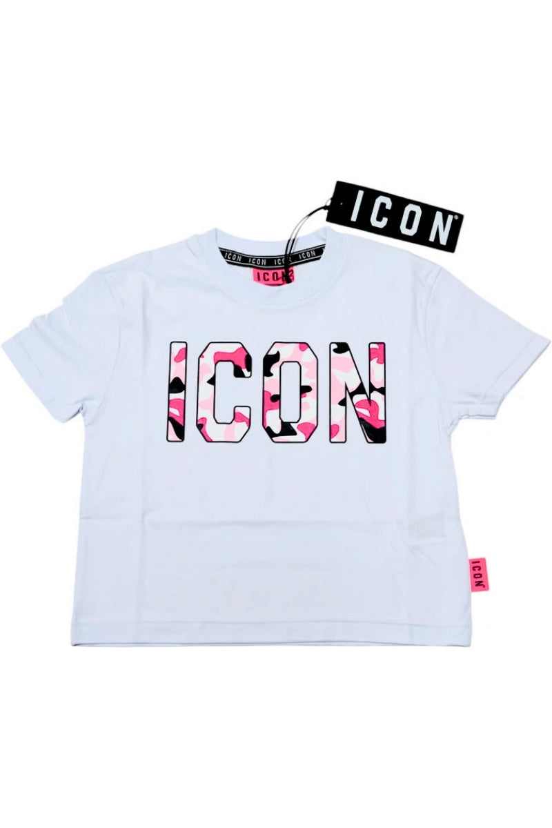 T-shirt cropped da ragazza con stampa maxi logo lettering a fantasia IGKS00528