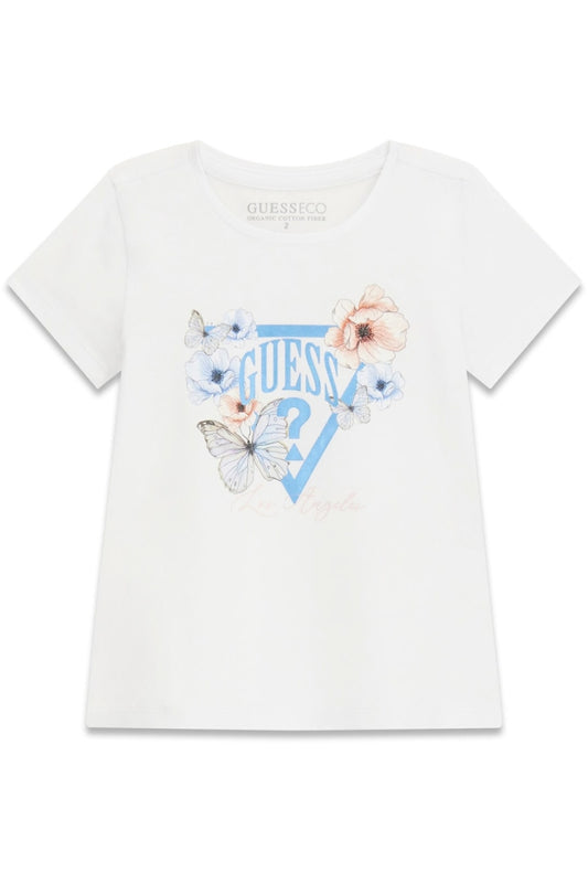 T-shirt girocollo da neonata e bambina con triangolo loggato a fantasia fiori e farfalle K6RI21K6YW4
