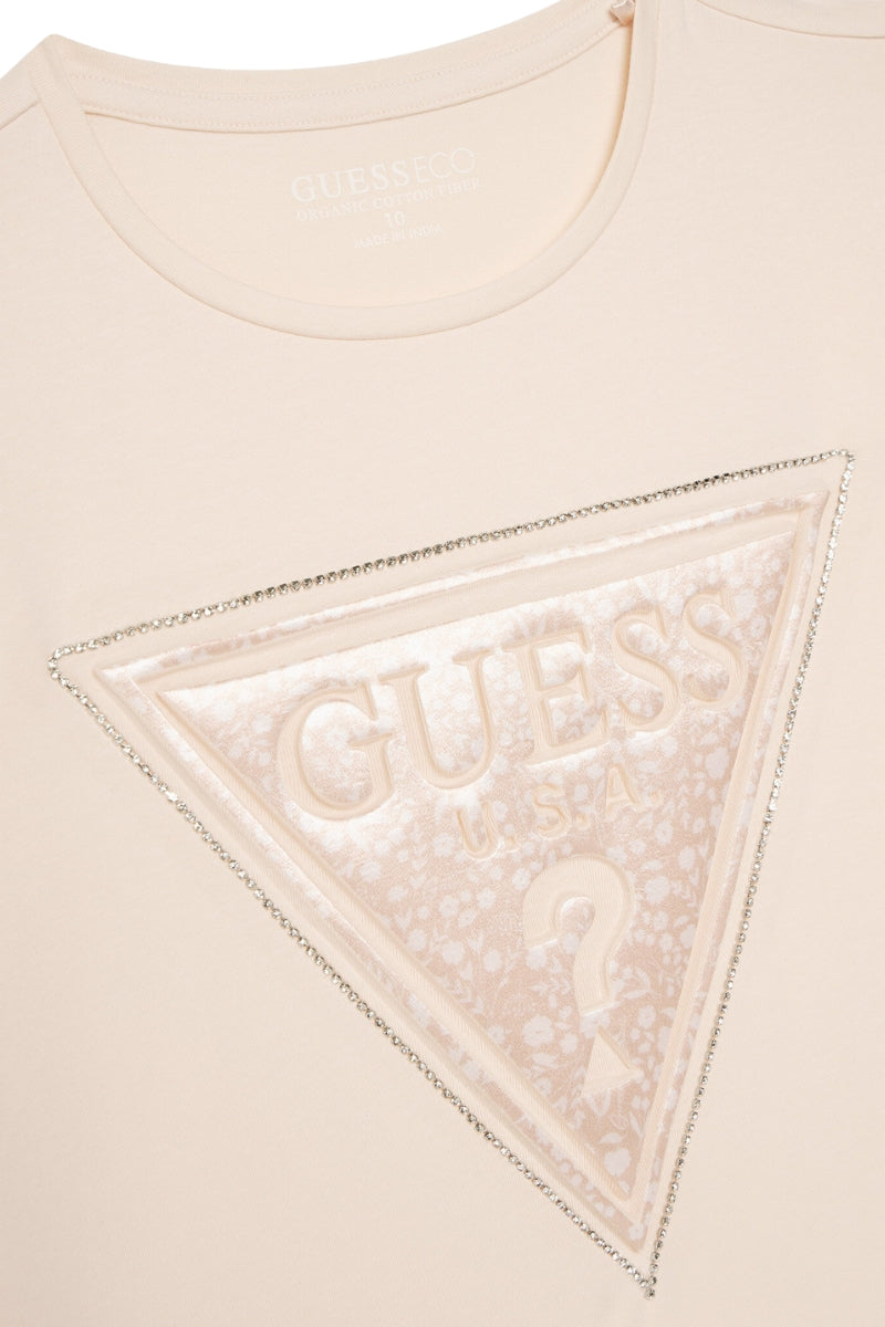 T-shirt girocollo da ragazza con triangolo logato con strass J5GI15K6YW4