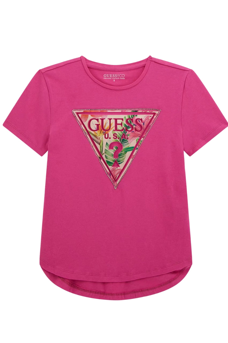 T-shirt girocollo da ragazza con triangolo logato con strass J5GI15K6YW4