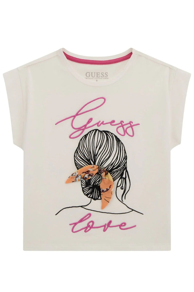 T-shirt girocollo da ragazza in cotone con logo handwriting e stampa con figura J5GI25K6YW4