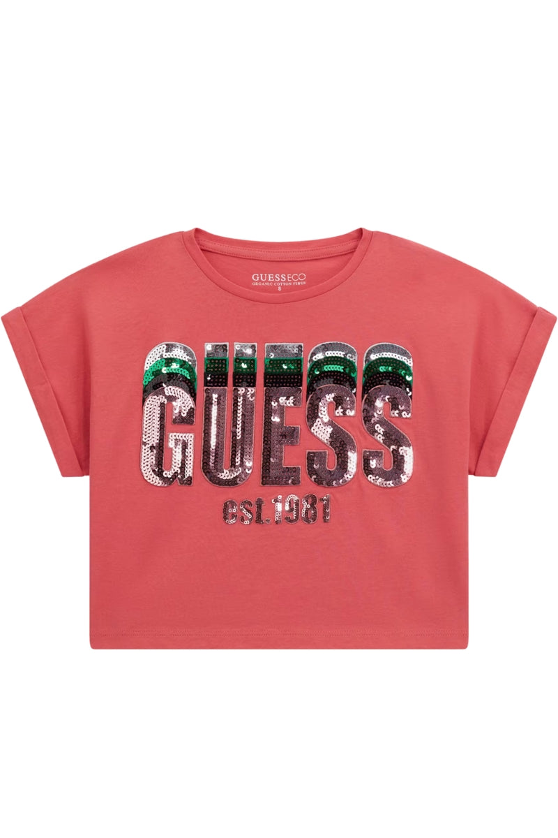 T-shirt girocollo da ragazza con maxi logo lettering con paillettes sul davanti J5RI10K8HM4