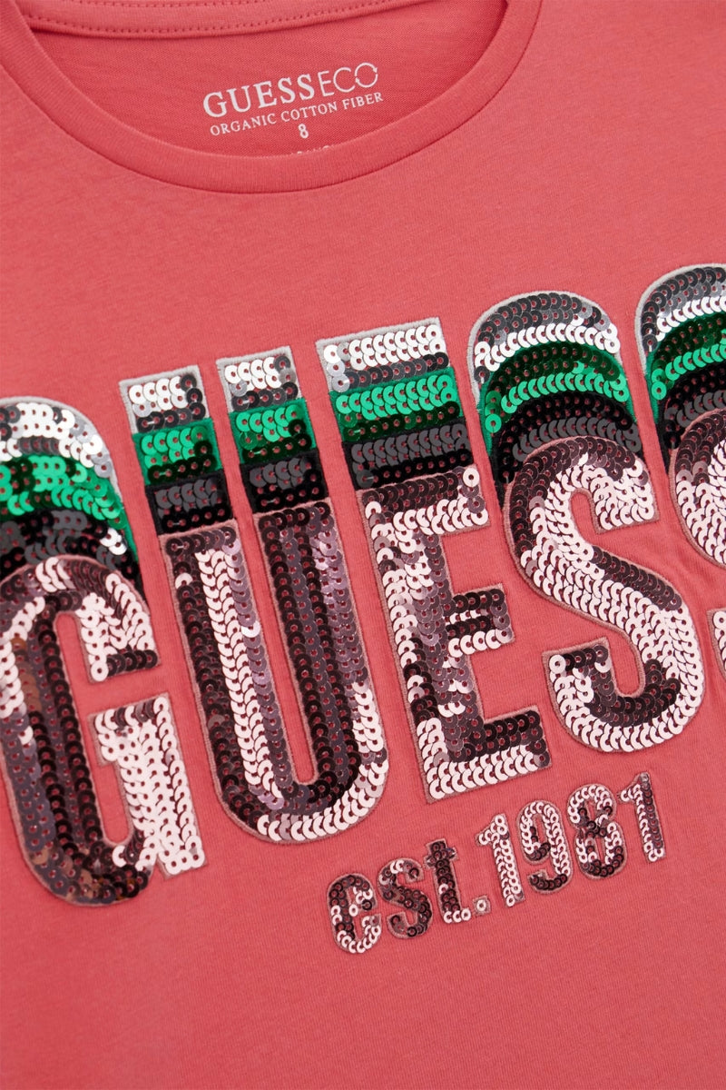 T-shirt girocollo da ragazza con maxi logo lettering con paillettes sul davanti J5RI10K8HM4