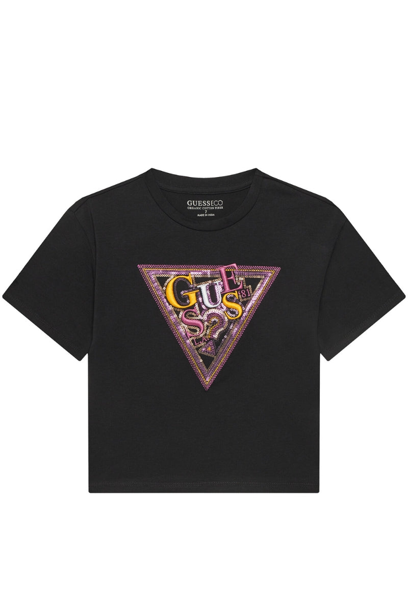 T-shirt girocollo da ragazza con maxi triangolo logato con paillettes J5GI04K6YW4