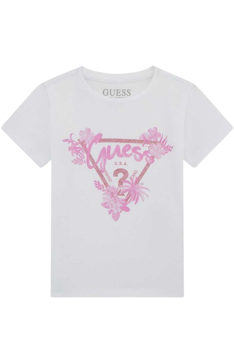 T-shirt da bambina con maxi triangolo logato e fantasia floreale K5GI14K6YW4