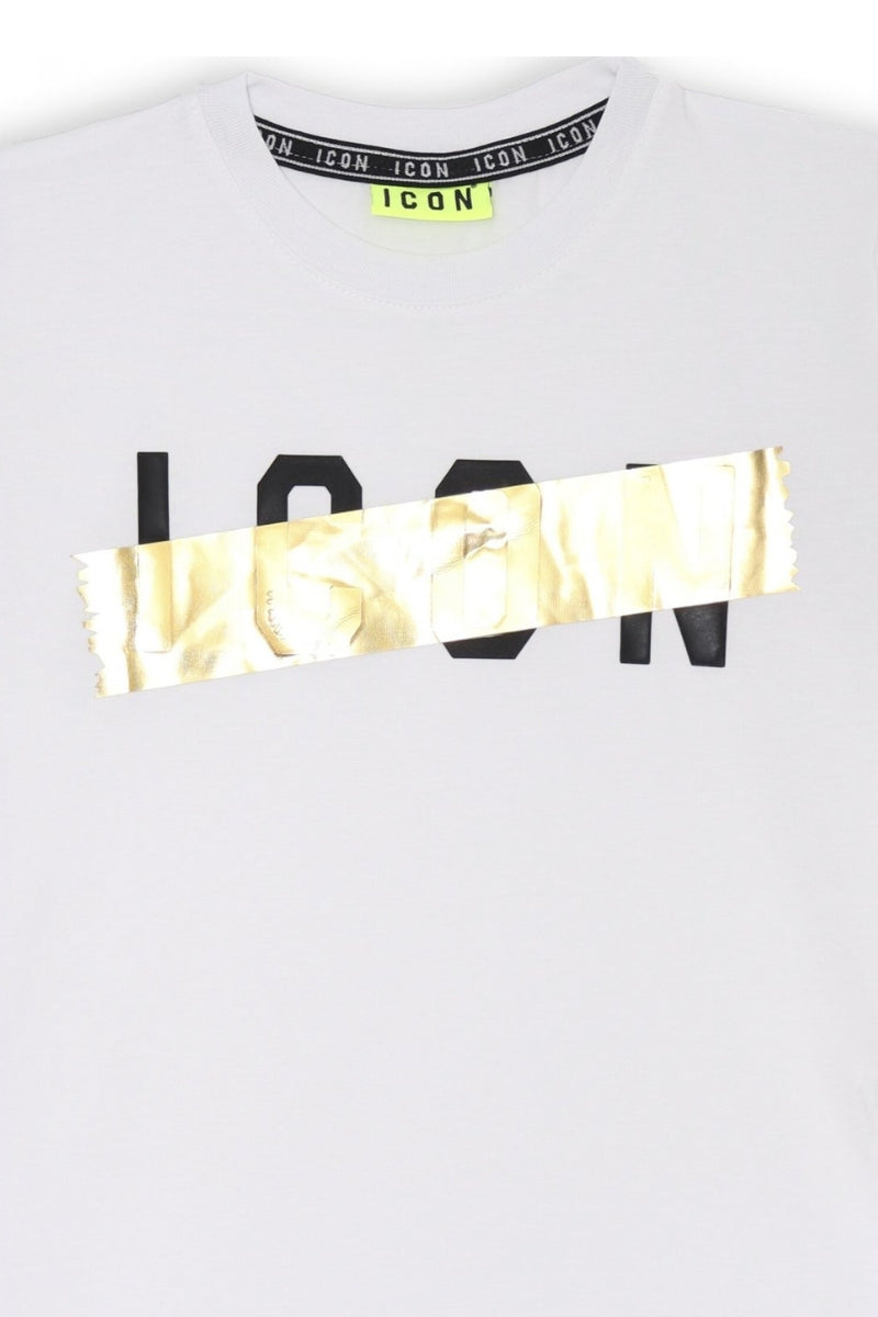 T-shirt girocollo da ragazzo con maxi logo e dettaglio laminato dorato IBKS00690