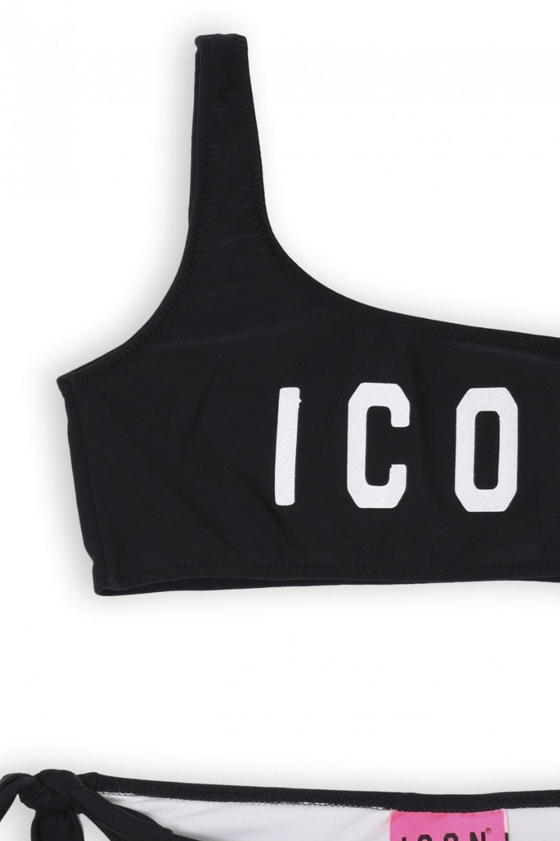 Bikini da ragazza con top monospalla, slip regolabile e maxi logo lettering frontale IGCS00641