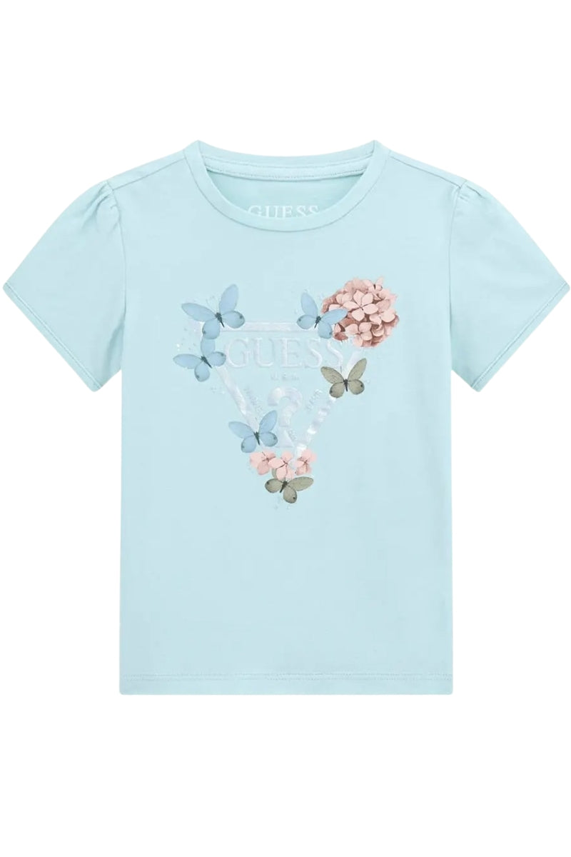 T-shirt girocollo da bambina con arricciature sulle maniche e fantasia floreale K5RI07K6YW4