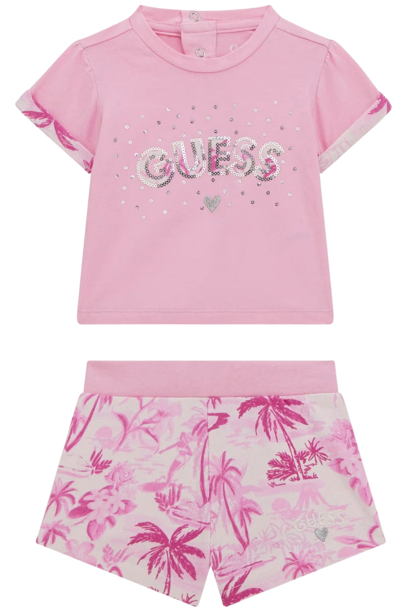 Completo da neonata con logo lettering con paillettes e stampa tropicale A5GG13K6YW4