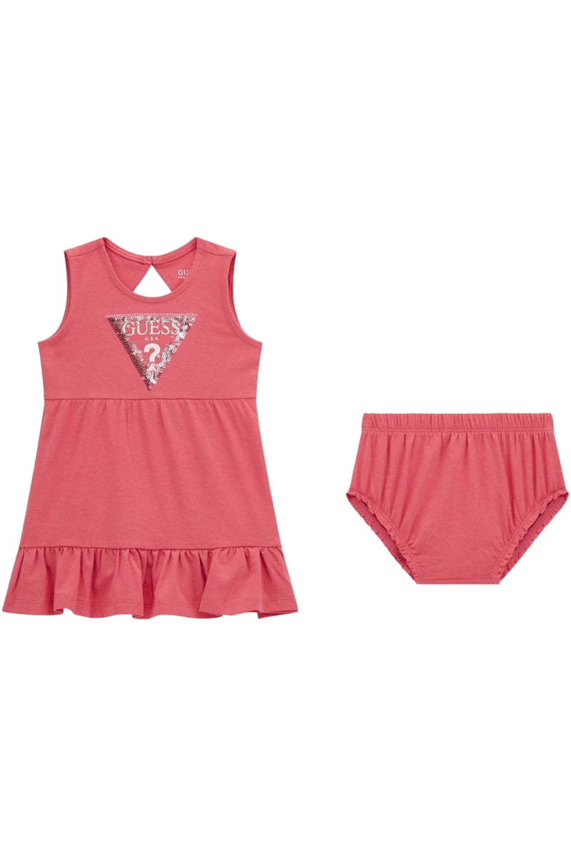 Abito da neonata girocollo con maxi triangolo logato con paillettes e copri mutandine A5GK06K6YW4