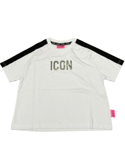 T-shirt da ragazza con fasce laterali glitterate a contrasto e logo lettering frontale IGKS00655