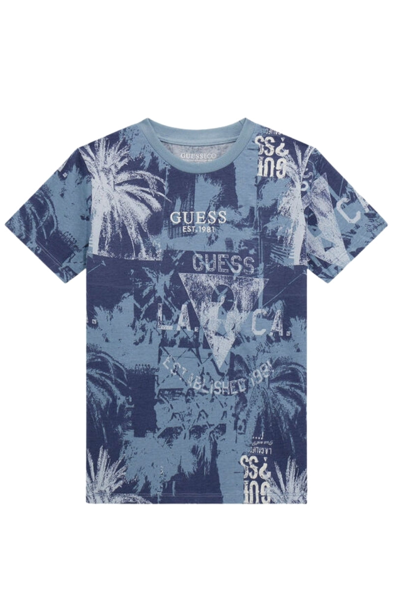 T-shirt girocollo da ragazzo con fondo con stampa logo a fantasia L5RI18K8HM4