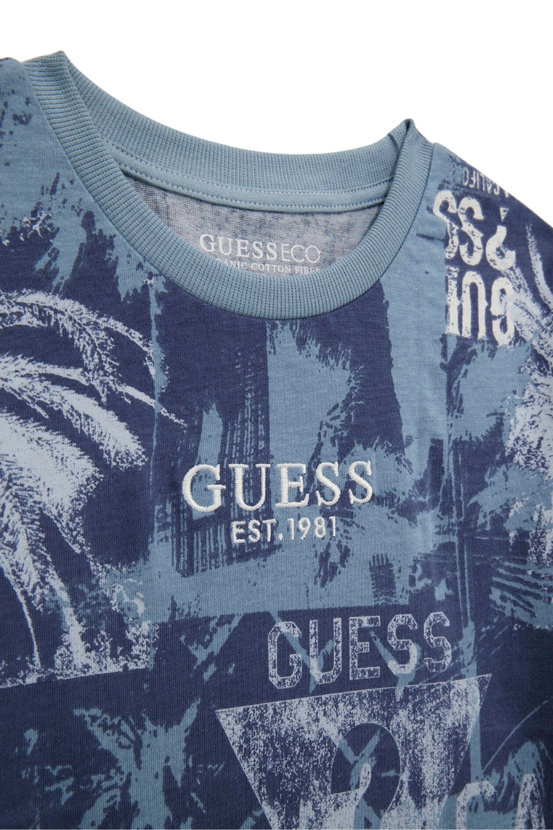 T-shirt girocollo da ragazzo con fondo con stampa logo a fantasia L5RI18K8HM4