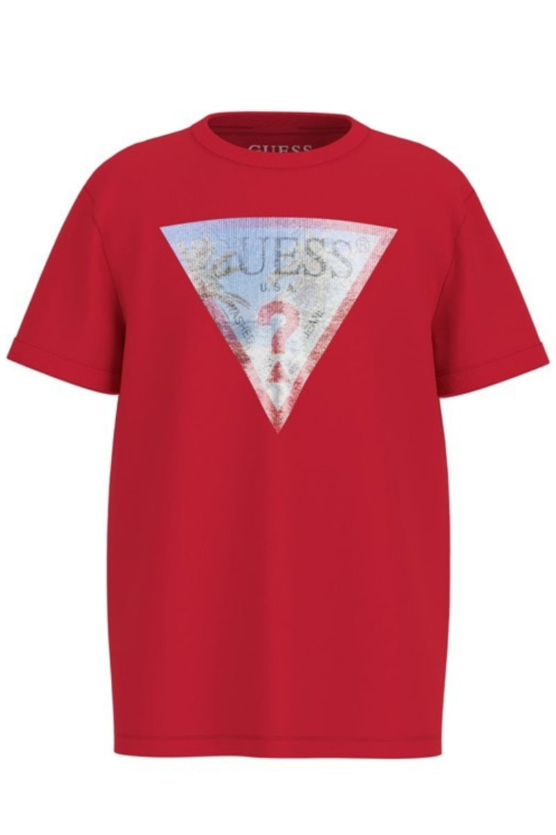 T-shirt girocollo da ragazzo con maxi triangolo logato a fantasia sul davanti L5GI26K8HM4