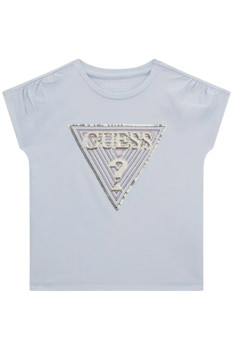 T-shirt da neonata e bambina in cotone con triangolo logato frontale con paillettes K5GI12K6YW4