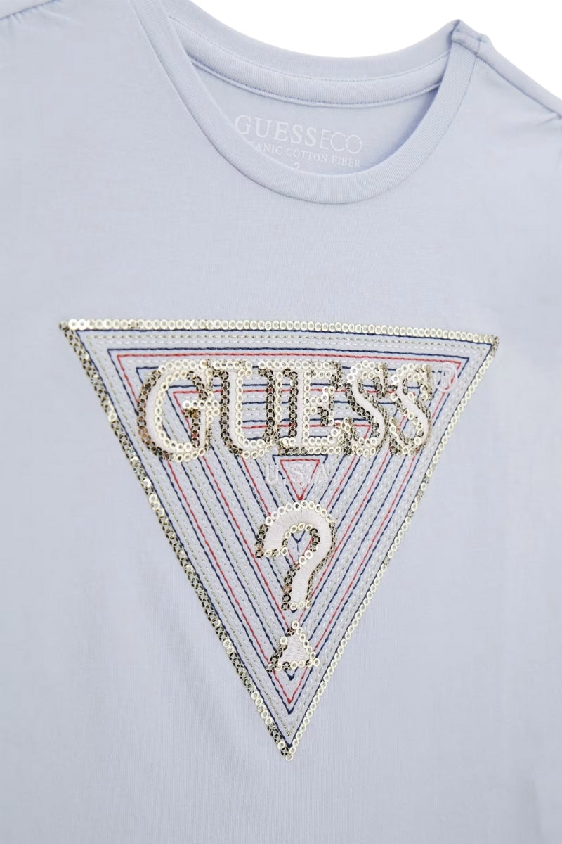 T-shirt da neonata e bambina in cotone con triangolo logato frontale con paillettes K5GI12K6YW4