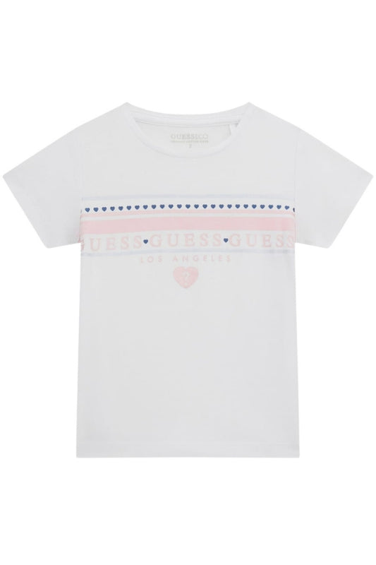 T-shirt girocollo da bambina con multi logo lettering e stampa con cuoricini sul davanti K5GI00K6YW4