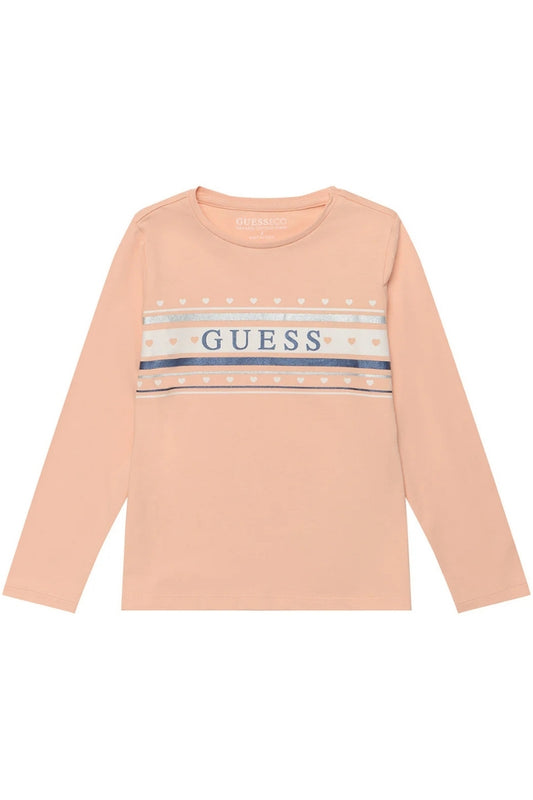 Maglia girocollo da bambina con maxi logo lettering sul davanti e stampa con cuoricini K5RI04K6YW4