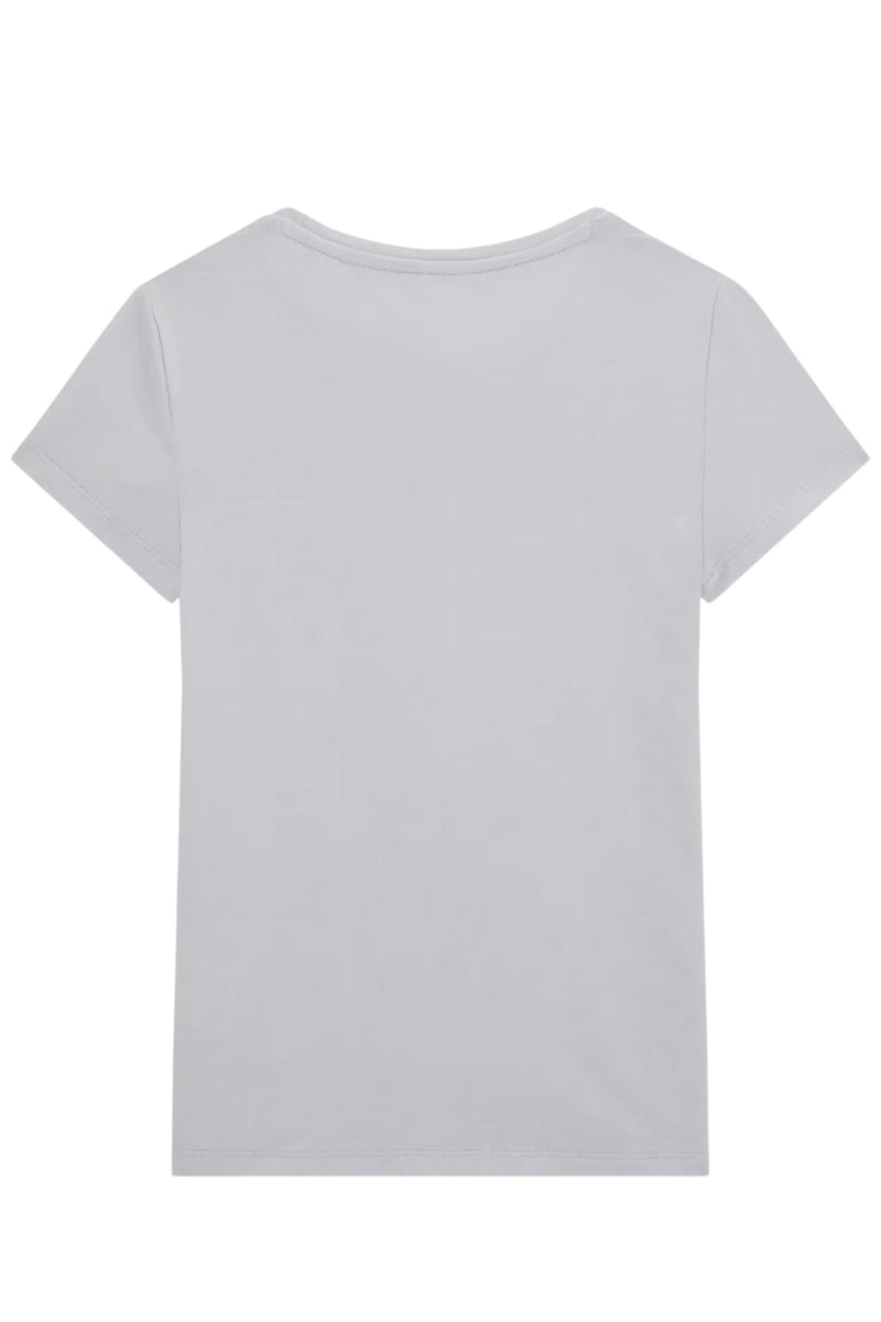 T-shirt girocollo da bambina e ragazza con stampa logo a contrasto a fantasia con micro strass J5GI08K6YW4