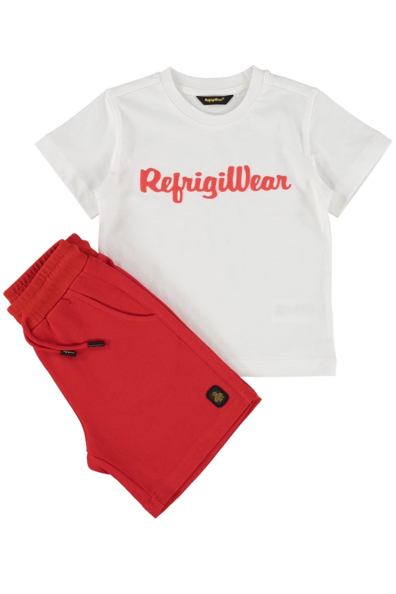 Completo da bambino due pezzi con t-shirt e bermuda con maxi logo lettering sul davanti 458DRMBS25