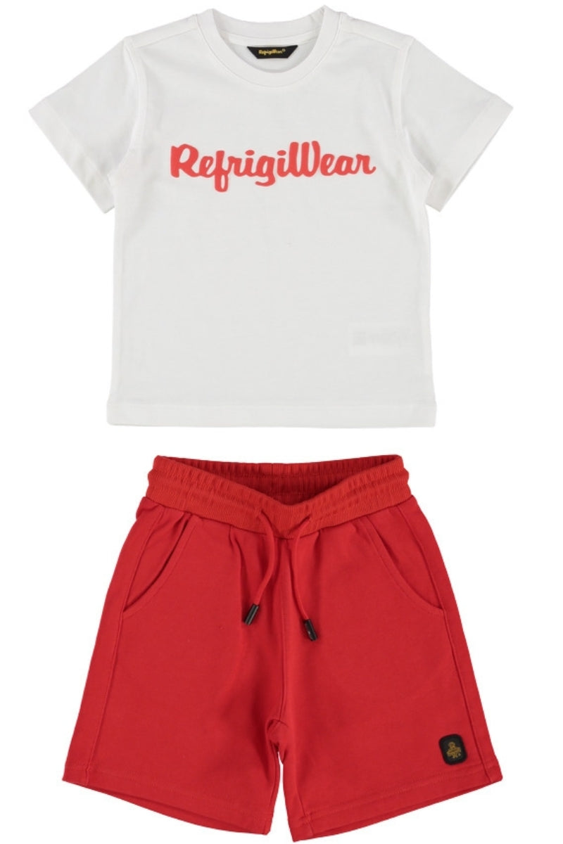 Completo da bambino due pezzi con t-shirt e bermuda con maxi logo lettering sul davanti 458DRMBS25