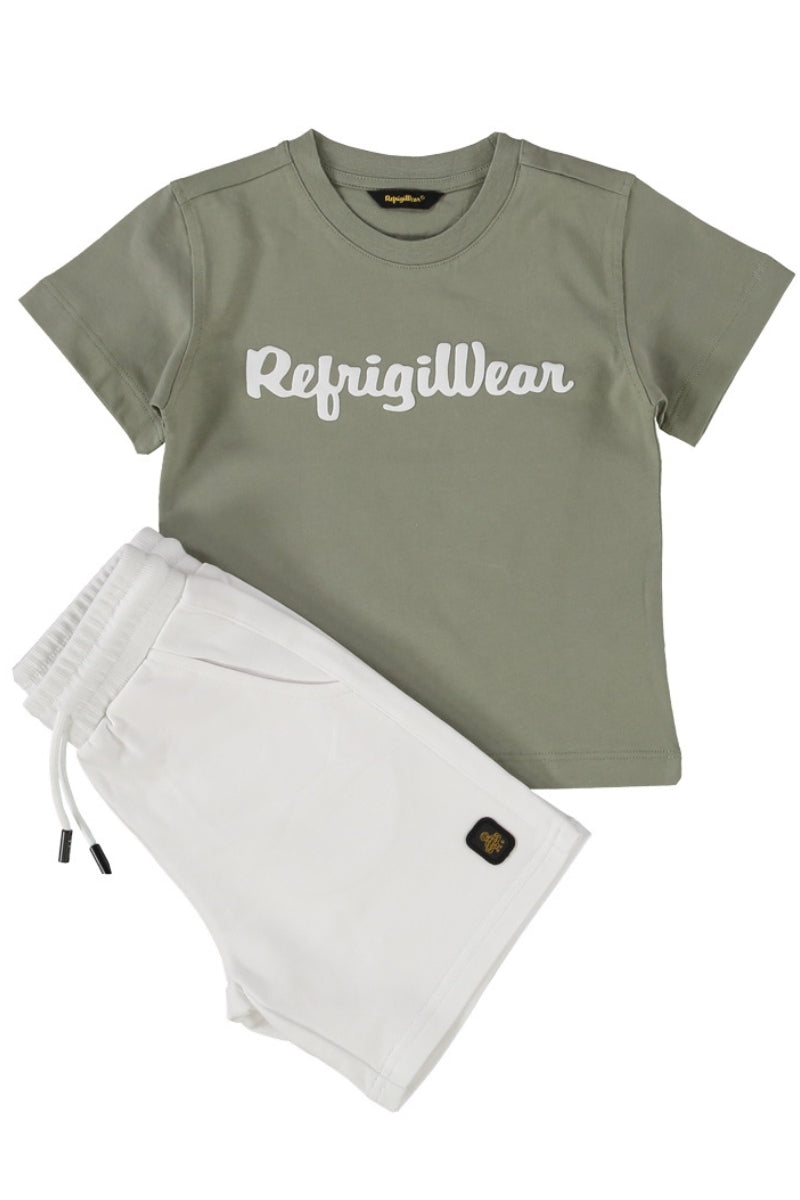 Completo da bambino due pezzi con t-shirt e bermuda con maxi logo lettering sul davanti 458DRMBS25