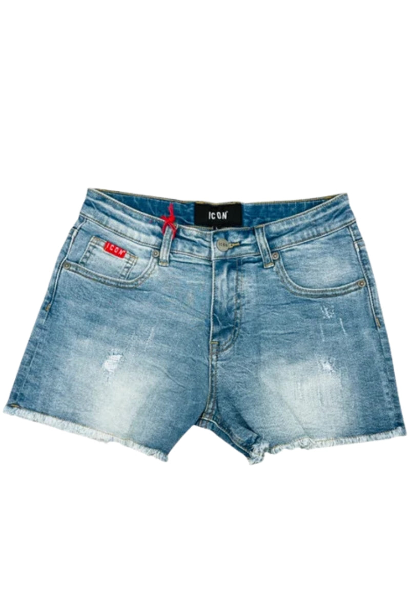Shorts da ragazza in denim elasticizzato con orlo sfrangiato a cinque tasche IGDS00578
