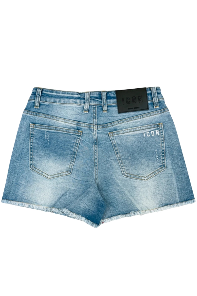 Shorts da ragazza in denim elasticizzato con orlo sfrangiato a cinque tasche IGDS00578