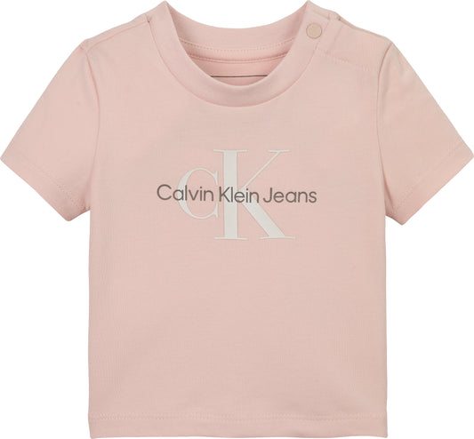 T-shirt girocollo da neonata con bottoni a pressione e logo monogram sul davanti - IN0IN00001