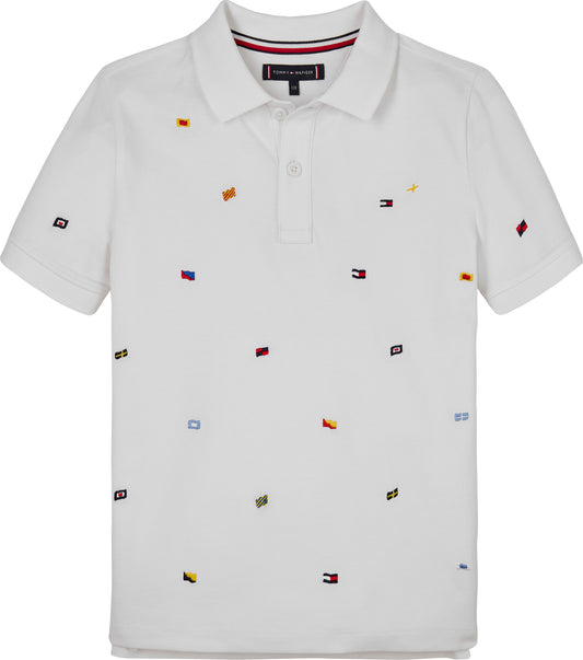 Polo da bambino in piqué di puro cotone con bandierine ricamate all over KB0KB09529