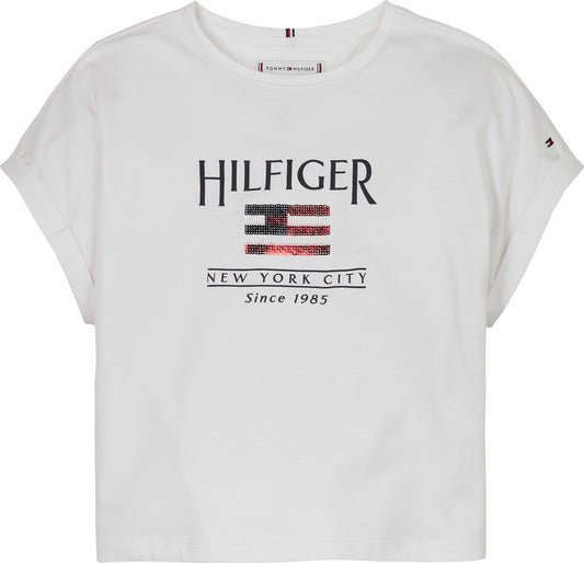T-shirt relaxed fit da bambina e ragazza con bandiera con logo in paillettes sul davanti KG0KG08525