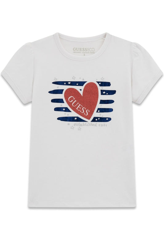 T-shirt girocollo da bambina in cotone con stampa frontale cuore, strisce e logo lettering (6 e 7 anni) K6RI15K6YW4