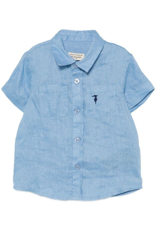 Camicia da neonato e bambino in lino con logo handwriting ricamato sul retro a contrasto TIP26104CA
