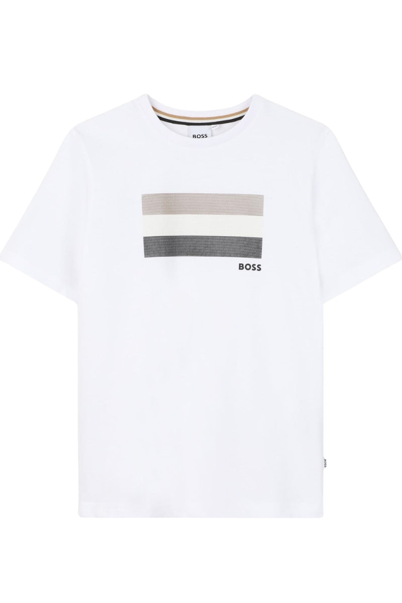 T-shirt da ragazzo in cotone con stampa block a contrasto sul davanti  J52979/10P