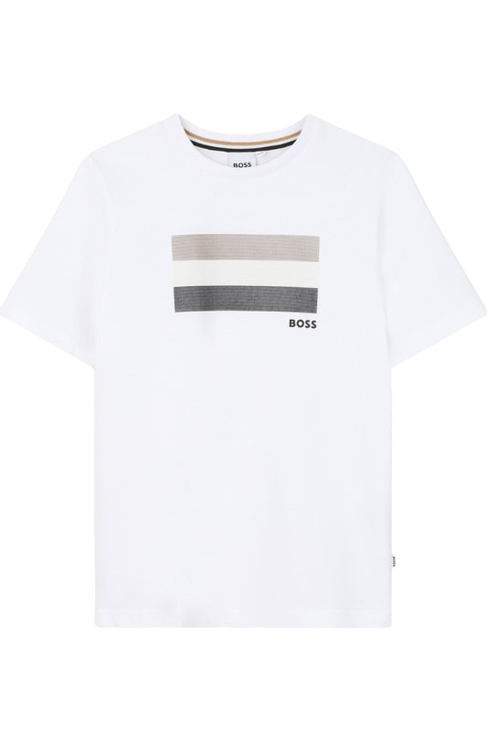 T-shirt da ragazzo in cotone con stampa block a contrasto sul davanti  J52979/10P