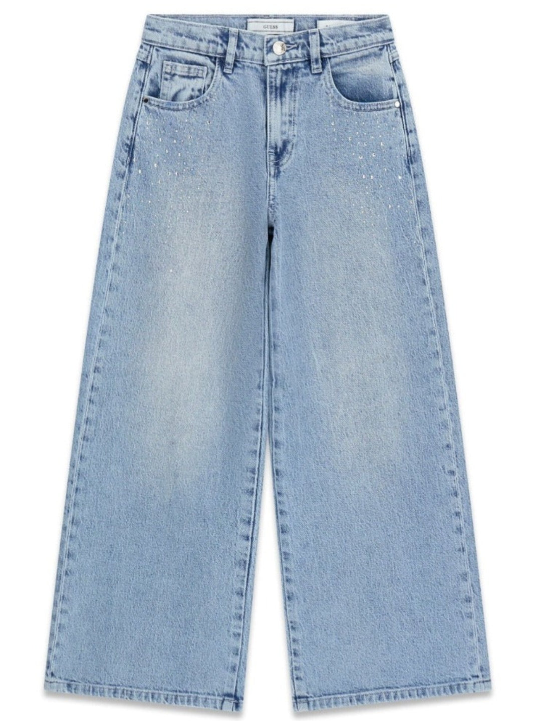 Jeans da ragazza con lavaggio chiaro e dettagli strass sul davanti J6BA09D2208