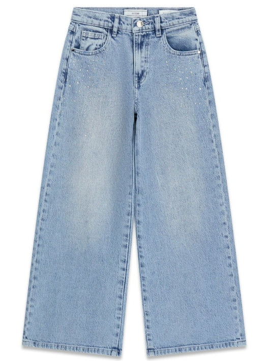 Jeans da ragazza con lavaggio chiaro e dettagli strass sul davanti J6BA09D2208