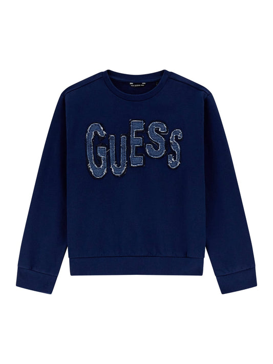 Felpa girocollo da ragazzo con maxi logo lettering ricamato in denim sul davanti L5BQ02KAD74